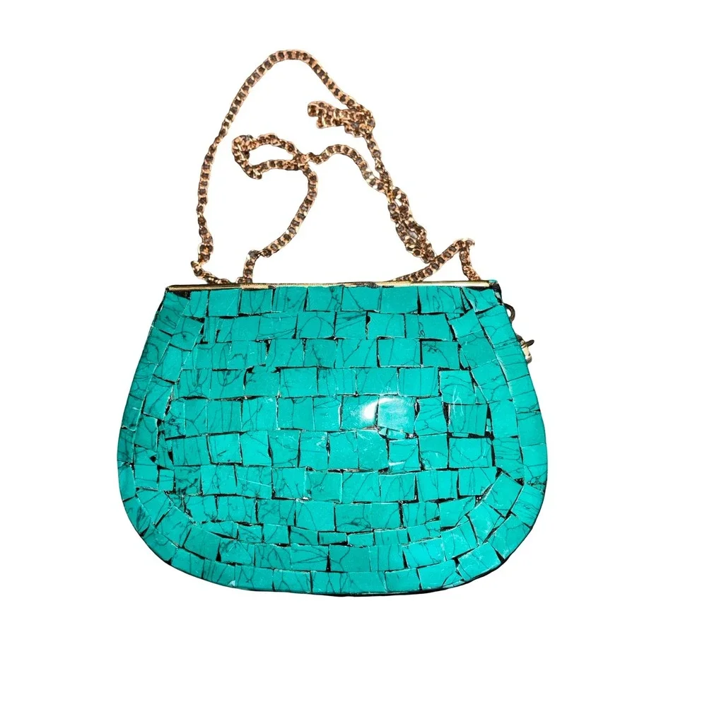 Ramla Handmade Moroccan Turquoise Tile Mosaic Clutch Crossbody Bag Artisan Boho
